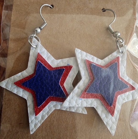 Red, White, and Blue Faux Leather Star-Shaped Dangle Fishhook Earrings - Picture 3 of 5